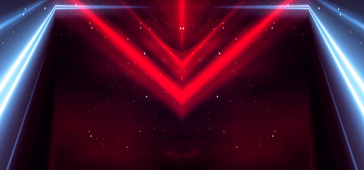 Obraz premium Tunnel neon light, underground passage. Abstract red background. Background black empty with neon light. Abstract background with lines and glow