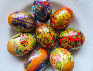 Colorful eggs, boiled and painted by hand, cooked for Easter.