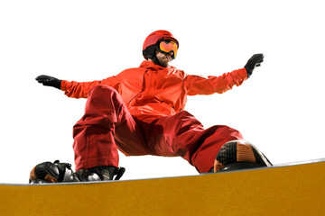 Portrait of young man in sportswear with snowboard isolated on a white studio background. The winter, sport, snowboarding, snowboarder, activity, extreme concept