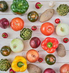 Top view of raw vegetables for posters and healthy food menus. Organic agricultural products. Vegan food.