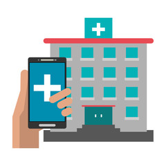 Obraz premium hospital building and hand with smartphone app