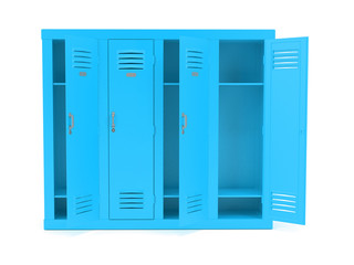 Blue lockers with open doors. 3d rendering illustration isolated on white background
