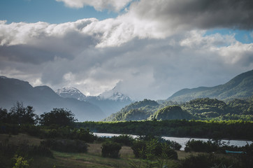 View of the river and the mountain in the Argentine Patagonia.
