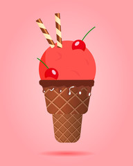 Cherry ice cream with wafer rolls in waffle cup, dairy product. Ice cream scoop image in flat style. Vector illustration.