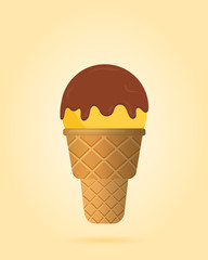 Yellow ice cream with chocolate topping in waffle cup, dairy product. Ice cream scoop image in flat style. Vector illustration.