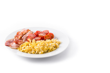 Breakfast with scrambled eggs, bacon and tomatoes isolated on white background. Copyspace