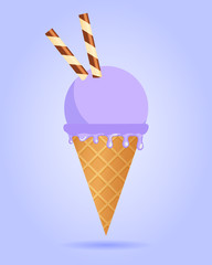 Blackberry ice cream with wafer rolls in waffle cone, dairy product. Ice cream scoop image in flat style. Vector illustration.