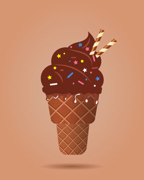 Chocolate ice cream, with wafer rolls in waffle cup, dairy product. Ice cream scoop image in flat style. Vector illustration.