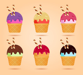 Different ice cream in waffle cup, dairy product. Ice cream scoop image in flat style. Vector illustration set.