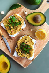 Vegan sandwich, rye bread guacamole toast with lactose free cheese spread. Nutrient dense avocado based superfood full of heart-healthy monounsaturated fat. Close up, copy space top view, background.