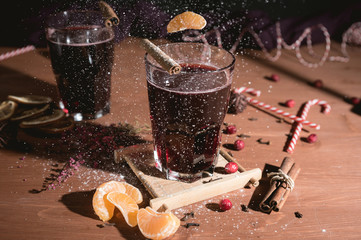 christmas hot mulled wine with cinnamon, tangerine and spices