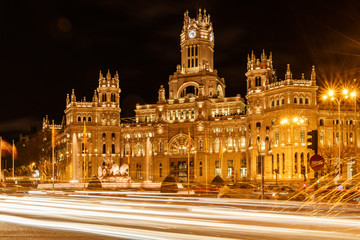 Fototapeta na wymiar Night view over beautiful Communication Palace, Madrid