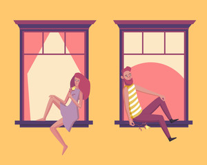 Couple in love in the window. Lovely young girl and man holding flower. Design for romantic card. Vector illustration.