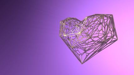 wired golden modern Heart over violet background with copyspace for your text. Happy Valentine's day, February 14, love. Romantic wedding greeting card. Women's, Mother's day 3d illustration
