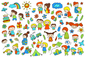 Traditional family with parents and children. Child birthday baby shower vector clipart. Parenthood and childhood scenes