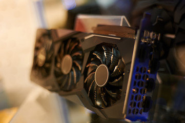 Fototapeta premium row of many video cards is on sale at showcase in store. graphics chipsets selling concept
