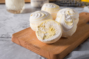 Traditional russian white homemade zephyr on wooden desk 