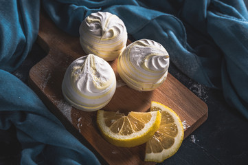 Traditional russian white homemade zephyr on wooden desk 