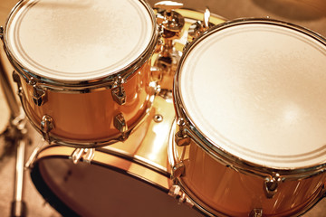 Playing live music. Close up view of professional drum set in music studio. Music concept.