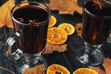 a glass of red wine mulled wine. warm autumn drink