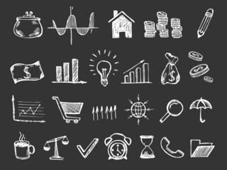 Hand drawn business symbols. Management concept with Doodle design style.