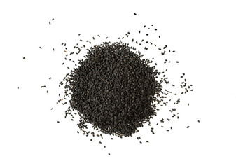 Black cumin seed on white. Nigella sativa