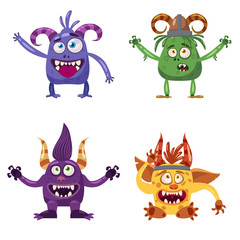 Set of cute funny characters troll, bigfoot, yeti, imp, with different emotions, cartoon style, for books, advertising, stickers, vector, illustration, banner, isolated