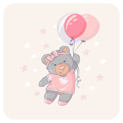 Cute bear flying with a balloon. Happy Birthday.
