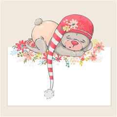 Cute sleeping bear with pink clothes and beautiful flowers. Place for text. Vector illustration. Illustration for children.