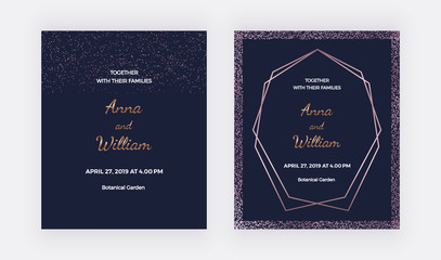 Dark blue wedding invitation cards with rose gold confetti borders and polygonal lines frame. Trendy templates for banner, flyer, poster, save the date, greeting
