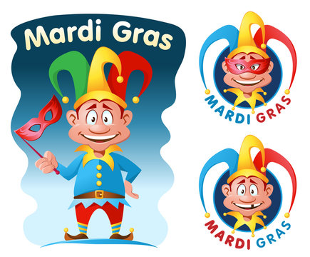 Mardi gras. Funny jester holding a mask. Cartoon styled vector illustration. Elements is grouped. On white and dark background.