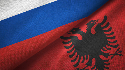 Russia and Albania two flags textile cloth, fabric texture