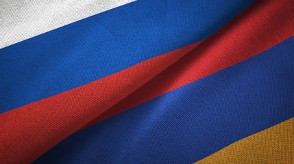 Russia and Armenia two flags textile cloth, fabric texture