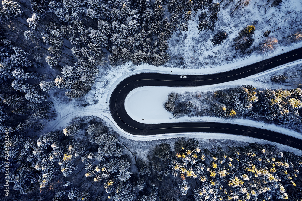 Wall mural curved road in winter mountain landscape. Aerial view of forest and trees with a winding street surrounded by snow.