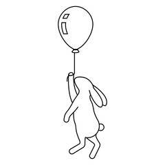 Happy rabbit flying on a baloon in outline style icon