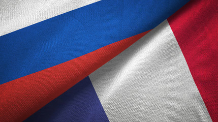 Russia and France two flags textile cloth, fabric texture