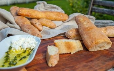 Homemade French baguettes with rustic props