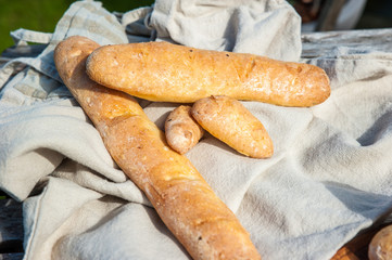 Homemade French baguettes with rustic props