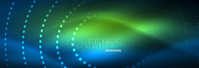 Glowing neon circle line dots, round line design, abstract style on black background. Neon abstract round circles Magic neon lights and glowing dots