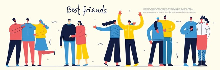 Vector banner with the group of happy fashion people - best friends in a flat style