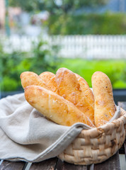 Homemade French baguettes with rustic props