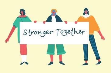 Colorful vector illustration concept of Happy women or girls . Group of female friends, union of feminists, sisterhood in flat design