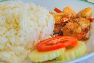Close up fried shrimp with garlic on rice dish decorated with sliced tomato and cucumber.