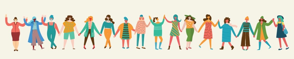 Colorful vector illustration concept of Happy women or girls standing together and holding hands. Group of female friends, union of feminists, sisterhood in flat design