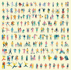 Vector illustration in a flat style of different activities people jumping, dancing, walking, couple in love, doing sport in flat style © virinaflora