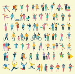Fototapeta na wymiar Vector illustration in a flat style of different activities people jumping, dancing, walking, couple in love, doing sport in flat style