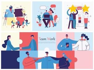 Vector illustrations of young adult group of business people meeting, working and talking co working center. Teamwork togetherness collaboration