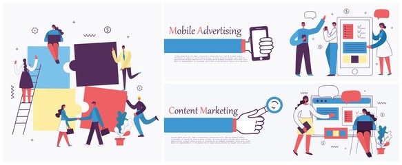 Vector illustrations of the office concept business people in the flat style. E-commerce, time management, start up, digital marketing and mobile advertising business concept