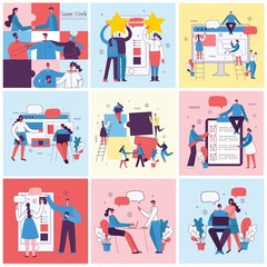 Vector illustrations of the office concept business people in the flat style. E-commerce, project management, start up, digital marketing and mobile advertising business concept