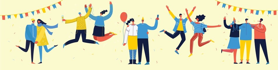 Vector cartoon illustration of Happy group of people celebrating, jumping on the party. The concept of friendship, healthy lifestyle, success, celebrating, party. Female and Male flat characters 